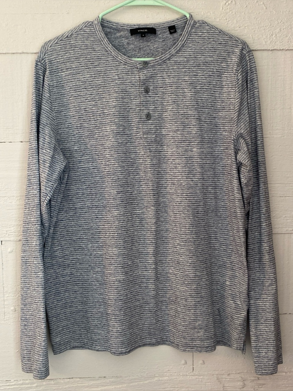 Vince Mens Striped Henley Long Sleeve Top Blue Grey Size M Button Pima Cotton